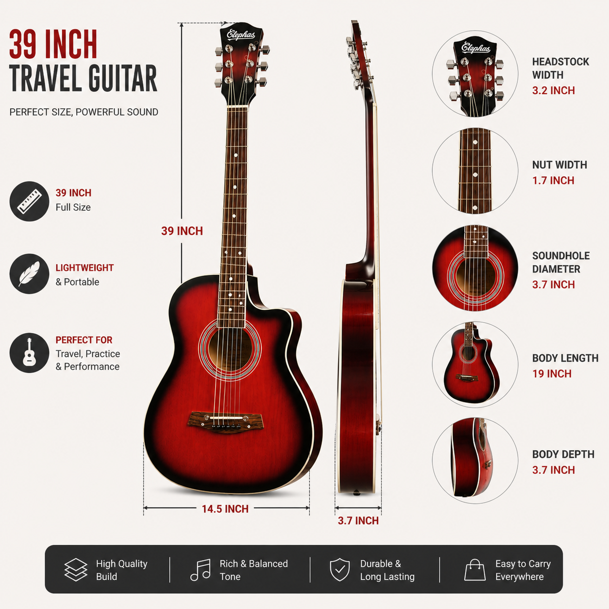 Professional 39-Inch Travel Acoustic Guitar – Slim Body Cutaway Design with Balanced Sound