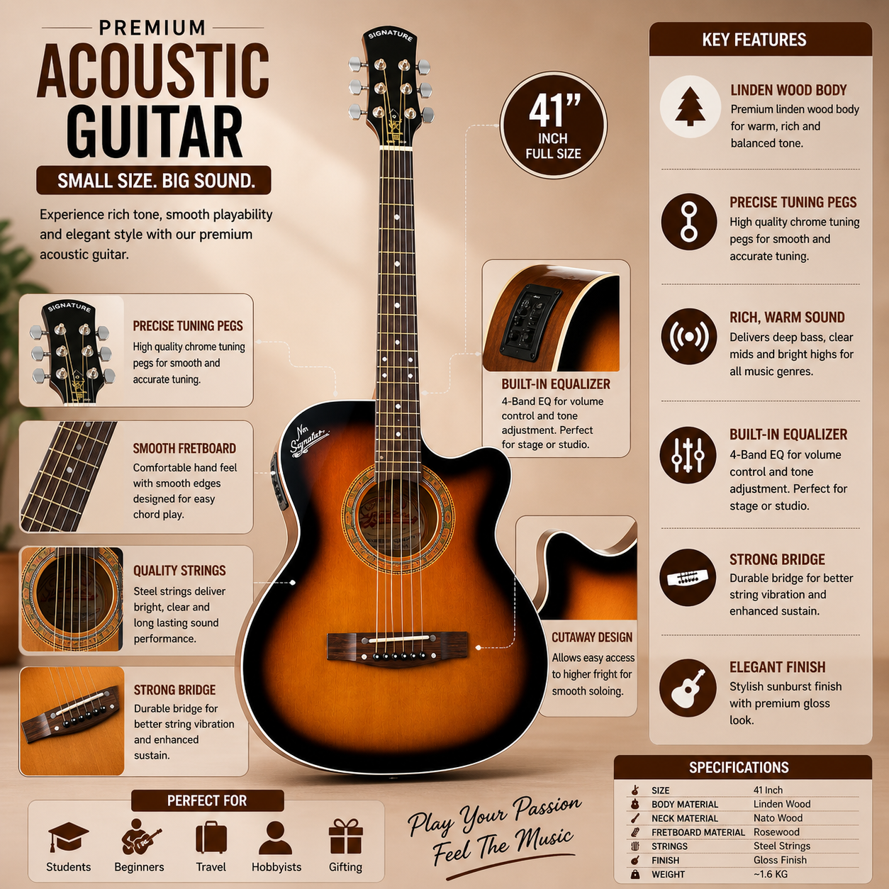 Sunburst Elite Cutaway Acoustic Guitar Inch Premium Steel String Guitar with EQ System